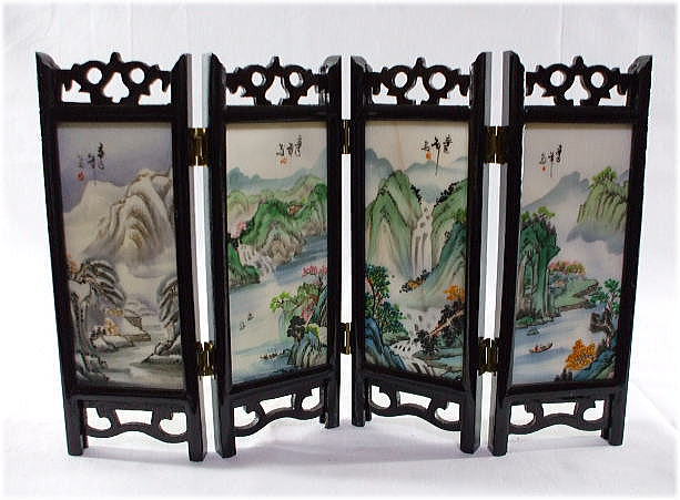 大理石・四面ミニ屏風 山水画 パンダ